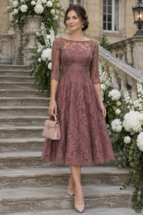 Mauve Lace Midi Dress Outfit Woman wearing a mauve floral lace midi dress with three-quarter sleeves, blush handbag, and pointed pumps on a grand staircase.