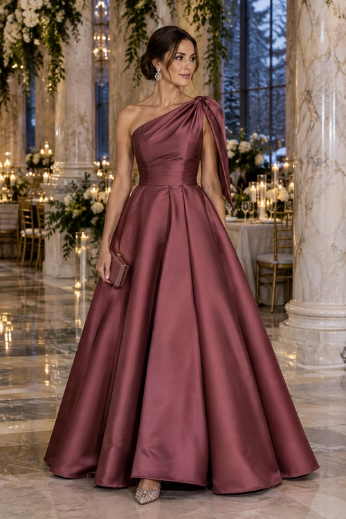 A woman wears a mauve satin one-shoulder gown with a draped sleeve, full floor-length skirt, clutch, earrings, and embellished pointed shoes.