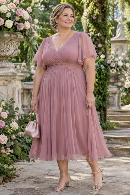Mauve Pleated Midi Dress Woman wearing a mauve pleated midi dress with flutter sleeves, a small pink handbag, drop earrings, and heeled sandals in a flower-filled garden.