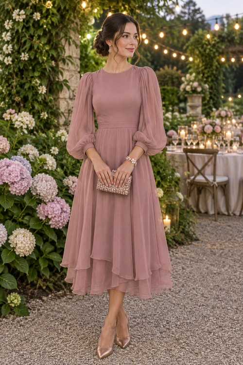 Mauve Puff-Sleeve Dress with Beaded Clutch A woman wears a mauve long-sleeve dress with a layered ruffled hem, beaded clutch, bracelet, and champagne pointed-toe heels in a flower-filled garden.