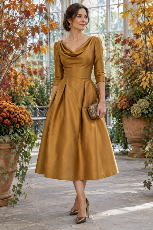A woman wears a mustard draped midi dress with pointed heels and a woven clutch in an autumn garden.