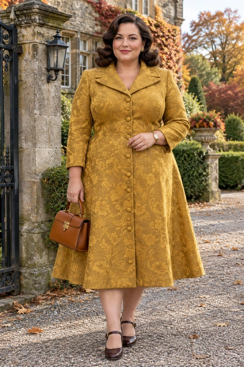 Mustard Floral Coat Dress Outfit A woman wears a mustard floral-patterned coat dress with brown Mary Jane shoes and carries a structured brown handbag.