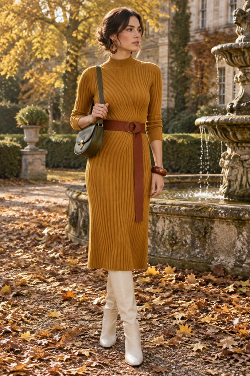 A woman wears a mustard ribbed midi dress with a brown belt, olive shoulder bag, cream trousers, and white boots.
