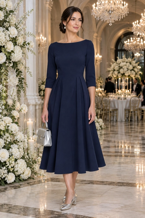 Navy Fit-and-Flare Dress Outfit Woman wearing a navy three-quarter-sleeve fit-and-flare midi dress with a silver handbag and metallic pointed heels.