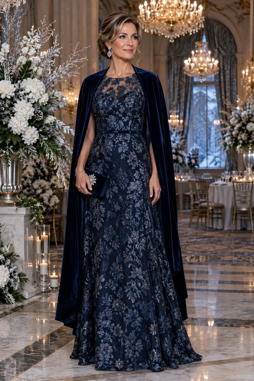 A woman wears a floor-length navy floral dress with a matching velvet cape and holds a small dark clutch.