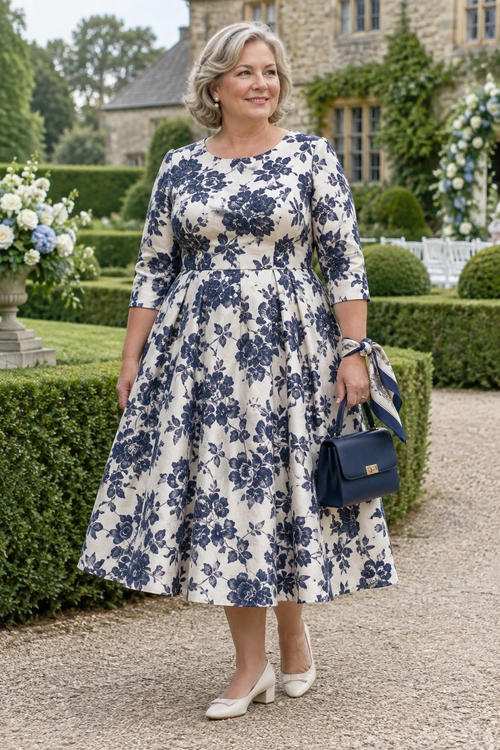 Navy Floral Fit-and-Flare Dress Woman wearing a cream and navy floral fit-and-flare midi dress with cream pumps and a navy handbag in a formal garden.