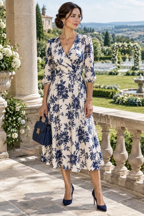 Navy Floral Wrap Dress Outfit A woman wearing a cream and navy floral wrap midi dress with navy pointed heels and a matching structured handbag.
