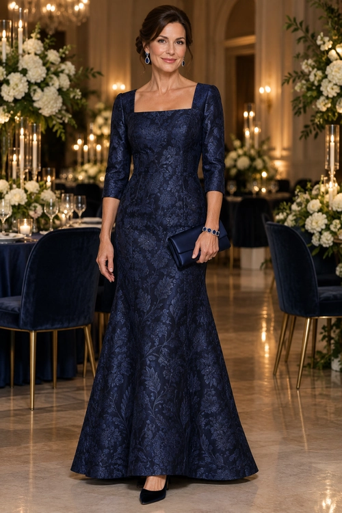Woman wearing a floor-length navy jacquard gown with a square neckline, three-quarter sleeves, a matching clutch, drop earrings, and dark pumps.