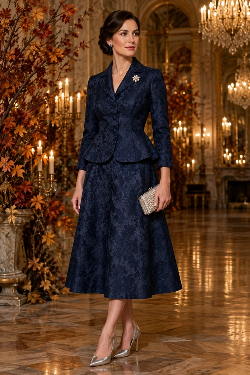 A woman wears a navy jacquard peplum jacket with a matching midi skirt, silver pointed pumps, and a metallic clutch.