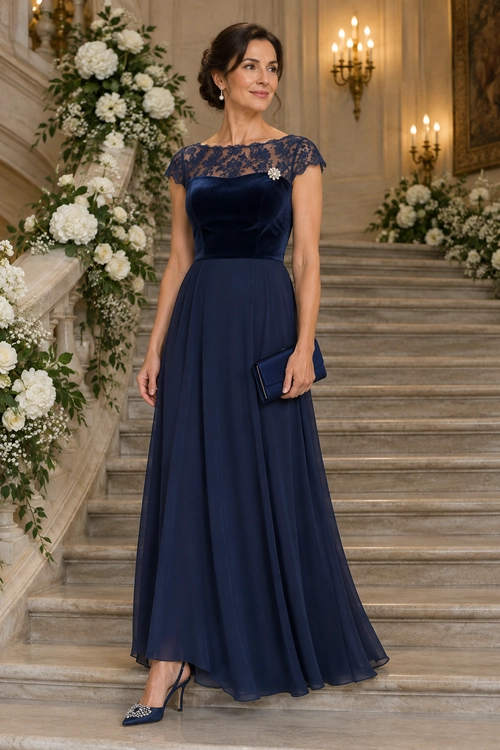 A woman wears a navy lace evening dress with a flowing ruffled skirt, dark fur-textured wrap, silver clutch, and pointed shoes outdoors in a snowy setting.
