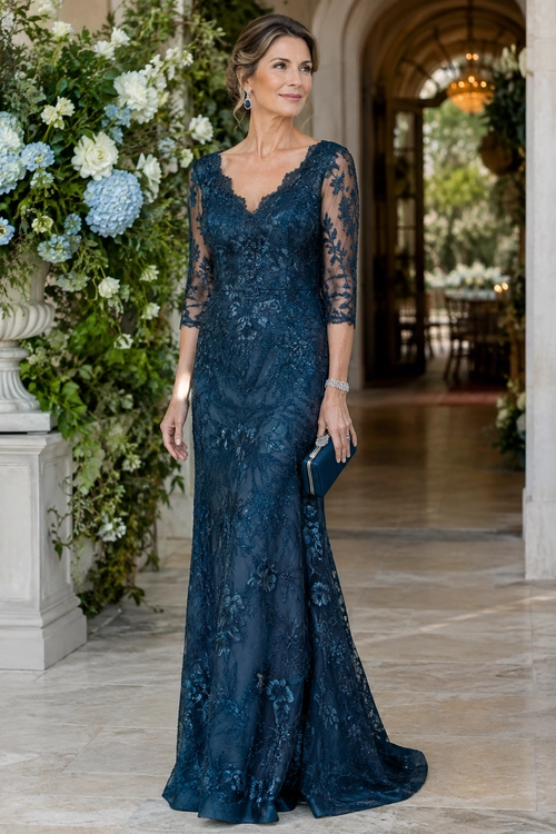 Woman wearing a floor-length navy lace gown with sheer sleeves, blue drop earrings, a beaded clutch, and navy heels.