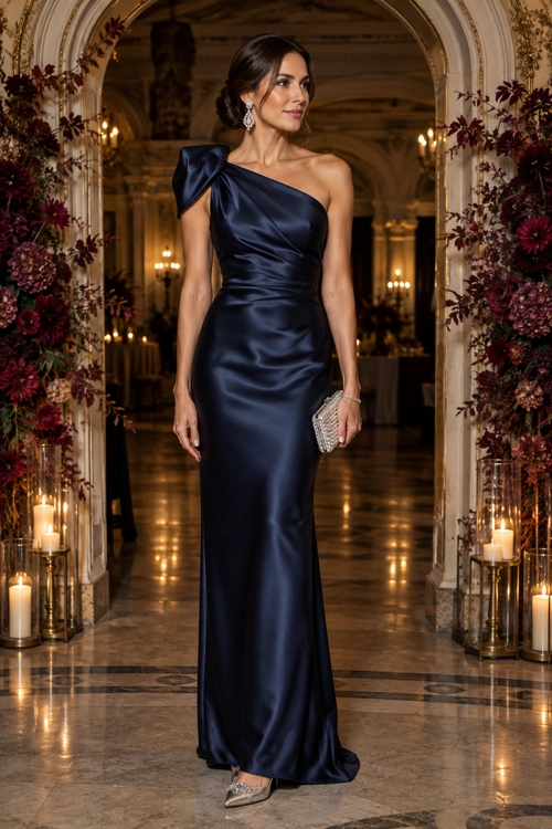 Woman wearing a navy one-shoulder satin floor-length gown with silver heels and a metallic clutch.