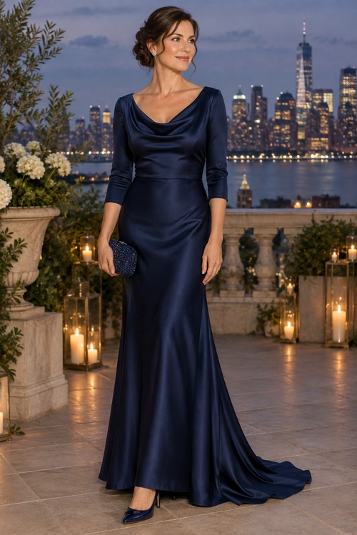A woman wears a navy satin floor-length gown with gathered waist detailing, a silver beaded clutch, drop earrings, and pointed metallic heels.