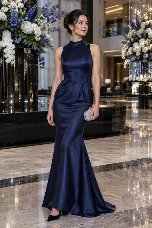 Navy Satin Mermaid Gown Woman wearing a sleeveless navy satin mermaid gown with pointed heels and a silver clutch.