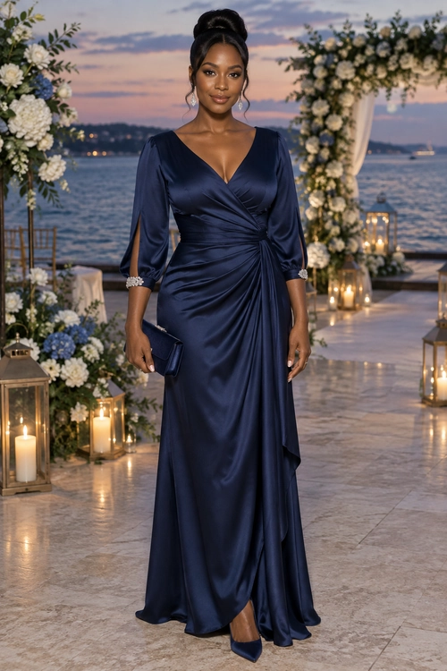 A woman wears a navy satin wrap gown with a V-neckline, draped skirt, pointed heels, and a matching clutch.