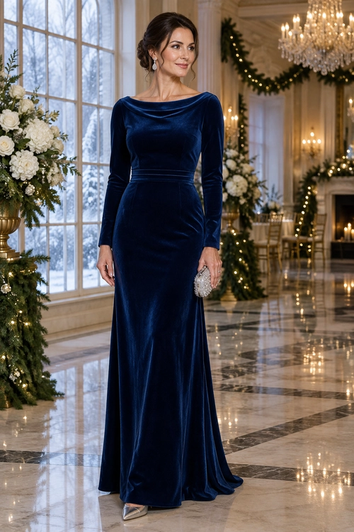 A woman wears a floor-length navy velvet gown with long sleeves, silver earrings, a metallic clutch, and pointed shoes.