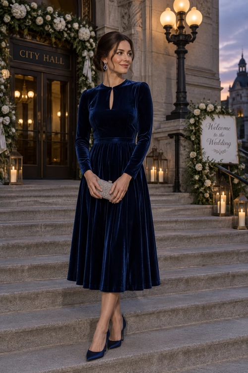 Navy Velvet Wedding Guest Dress Woman wearing a long-sleeve navy velvet dress with pointed heels and a silver clutch on city hall steps.