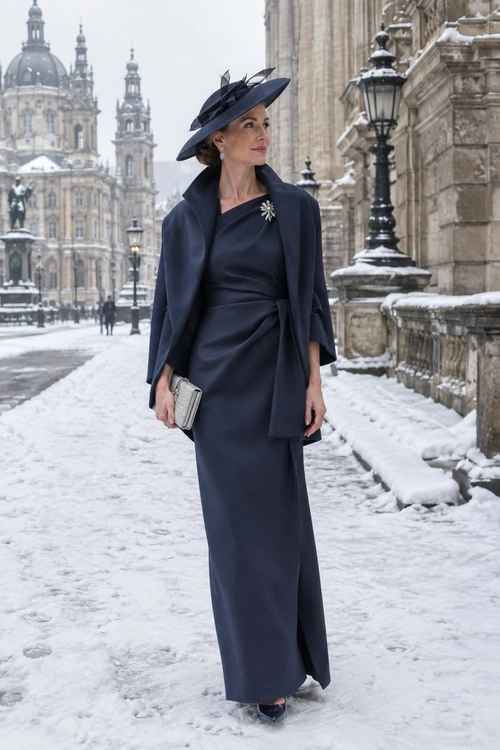 Elegant Navy Winter Formal Look A woman wears a long navy dress, draped cape-style coat, feathered hat, floral brooch, and silver clutch while standing in a snowy historic setting.