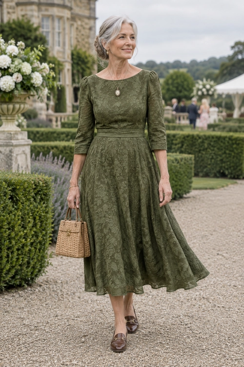 Olive Green Garden Party Dress A woman wears an olive green textured midi dress with three-quarter sleeves, a pendant necklace, woven handbag, and brown loafers in a formal garden.