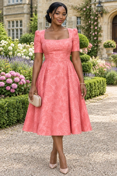A woman wears a pink floral-patterned midi dress with short sleeves, nude pointed heels, and a woven clutch in a formal garden.
