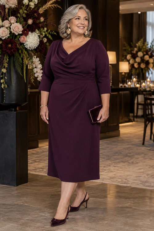 Plum Draped Midi Dress Woman wearing a plum three-quarter sleeve draped midi dress with matching pointed heels and a clutch.