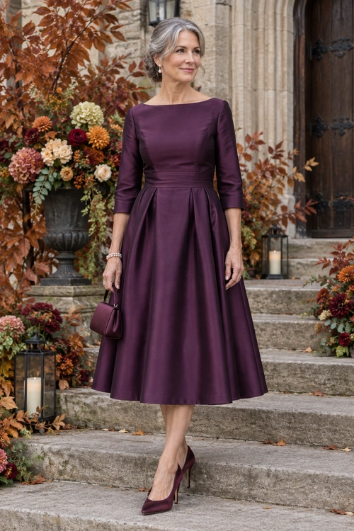Plum Fit-and-Flare Midi Dress Outfit A woman wears a plum long-sleeve fit-and-flare midi dress with matching pointed-toe heels and a small handbag.