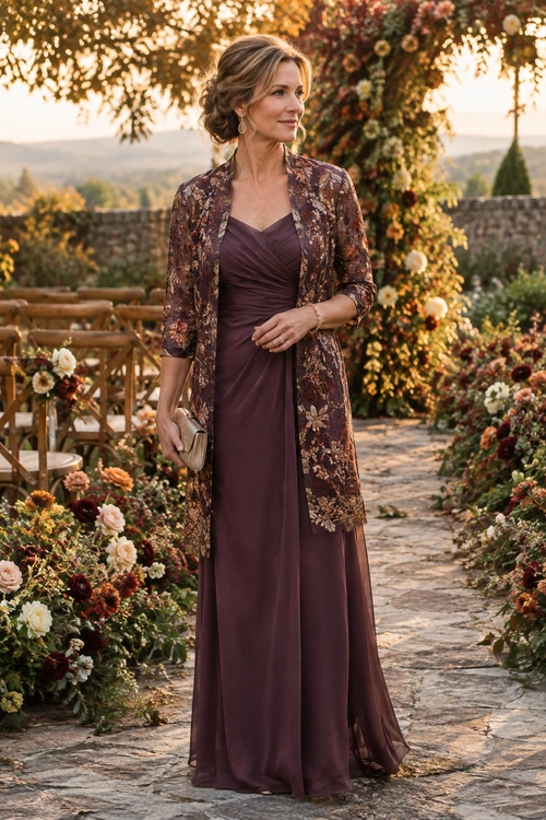 Woman wearing a floor-length plum dress with a sheer floral duster and holding a small metallic clutch in a flower-filled garden.