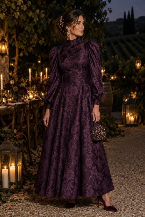 Woman wearing a long plum floral jacquard dress with puff sleeves, dangling earrings, a beaded clutch, and burgundy pointed heels.