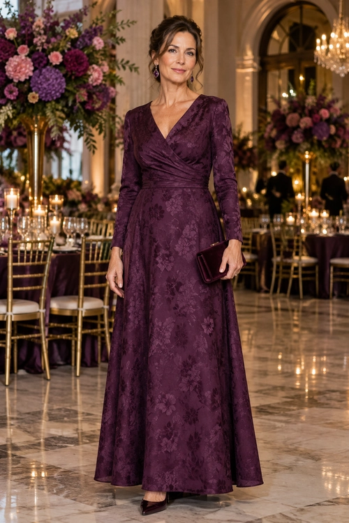 A woman wears a long-sleeve plum floral wrap maxi dress with a matching dark clutch and pointed heels.