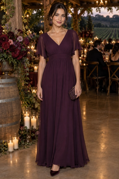Plum Flutter-Sleeve Evening Dress Woman wearing a floor-length plum V-neck dress with flutter sleeves, burgundy heels, drop earrings, and a beaded clutch.