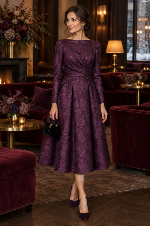 Woman wearing a long-sleeve plum jacquard fit-and-flare midi dress with matching pointed-toe pumps and a black handbag.