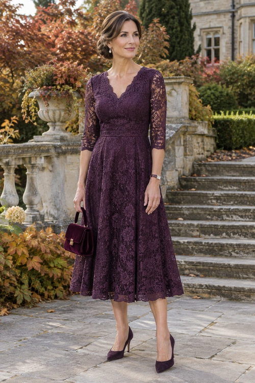 A woman wears a plum lace midi dress with three-quarter sleeves, matching pointed-toe heels, and a burgundy handbag outdoors.