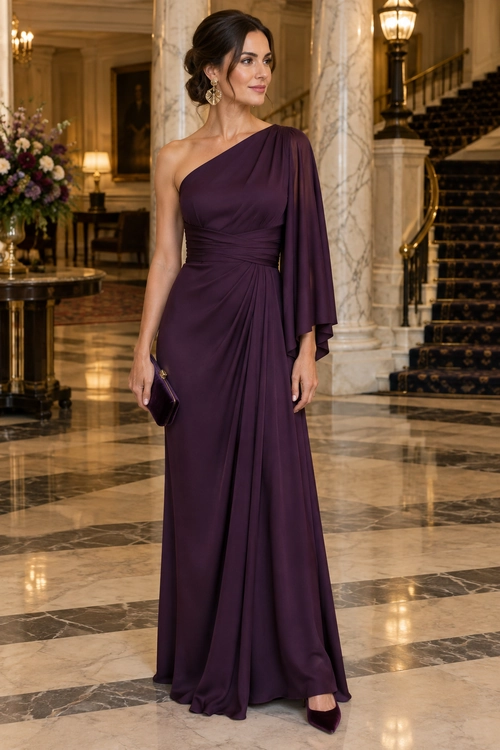 Plum One-Shoulder Evening Gown A woman wears a floor-length plum satin one-shoulder gown with a voluminous sleeve, metallic clutch, statement earrings, and pointed heels on a grand staircase.