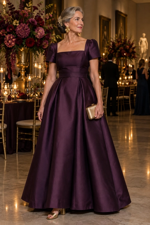 Plum Satin Evening Gown A woman wears a floor-length plum satin gown with a square neckline, short puff sleeves, gold earrings, a metallic clutch, and heeled sandals.