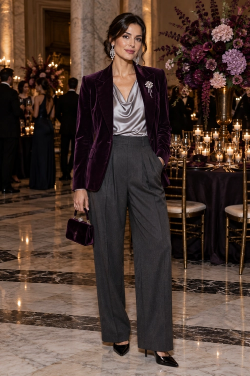 A woman wearing a plum velvet blazer over a silver draped blouse with charcoal wide-leg trousers, black pointed heels, and a small matching handbag.