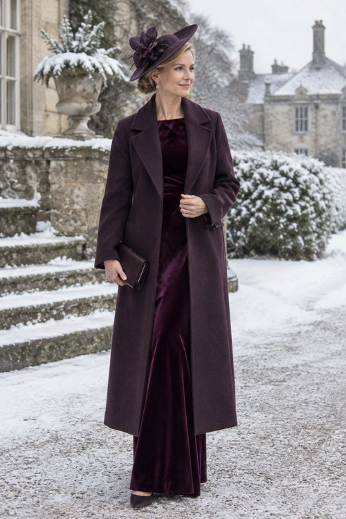 Elegant Plum Winter Occasion Look Woman wearing a long plum coat over a burgundy velvet dress with a coordinating floral fascinator and clutch in a snowy garden.