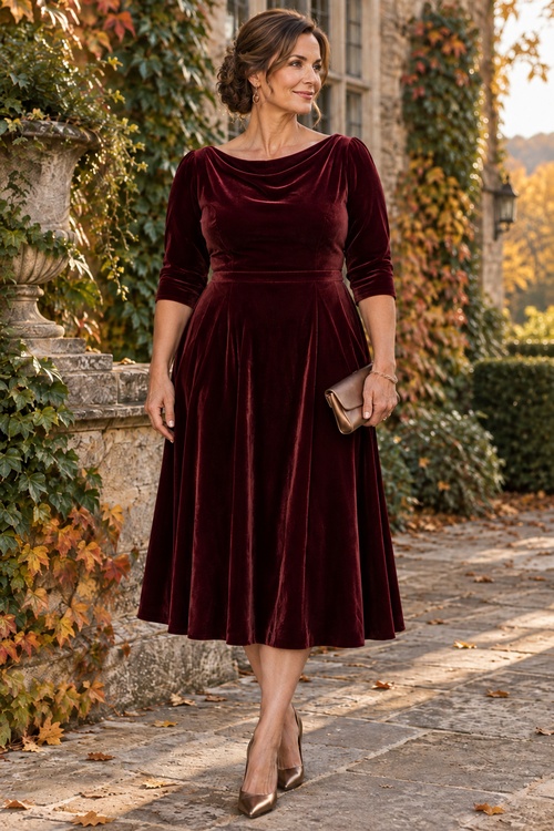 Plus-size woman in a burgundy velvet midi dress