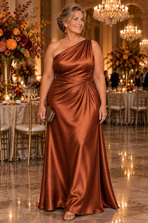 Plus-size woman in a copper one-shoulder evening gown at a ballroom