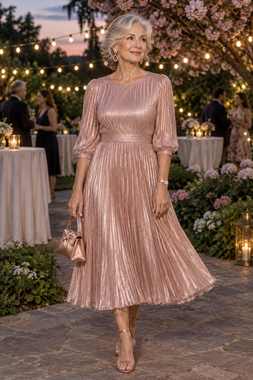 A woman wearing a rose gold metallic pleated midi dress with puff sleeves, strappy heels, drop earrings, a small clutch, and a watch.