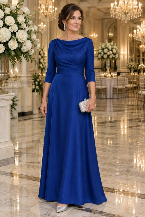 Woman wearing a floor-length royal blue gown with a draped neckline, silver clutch, and pointed silver heels.