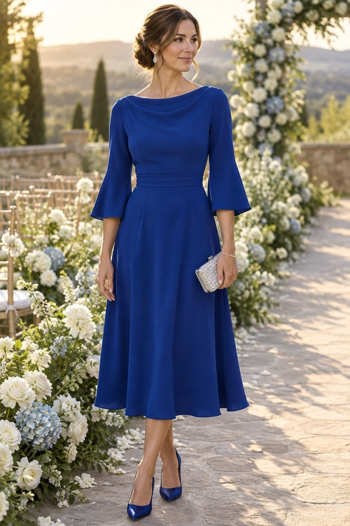 Royal Blue Flared Midi Dress Woman wearing a royal blue midi dress with flared three-quarter sleeves, matching pointed pumps, and a silver clutch.