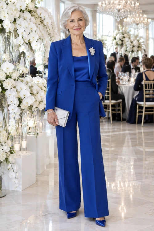 Royal Blue Formal Trouser Suit A woman wears a royal blue blazer, sleeveless top, wide-leg trousers, pointed heels, and a silver clutch at an elegant formal event.