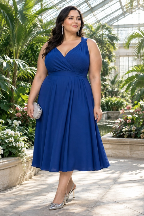Royal Blue Pleated Midi Dress A woman wears a sleeveless royal blue pleated midi dress with silver heels, a silver clutch, and drop earrings in a sunlit conservatory garden.