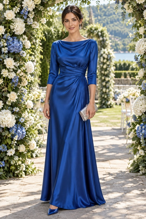 Royal Blue Satin Evening Gown Woman wearing a royal blue satin floor-length gown with three-quarter sleeves, blue pointed-toe heels, and a light metallic clutch.