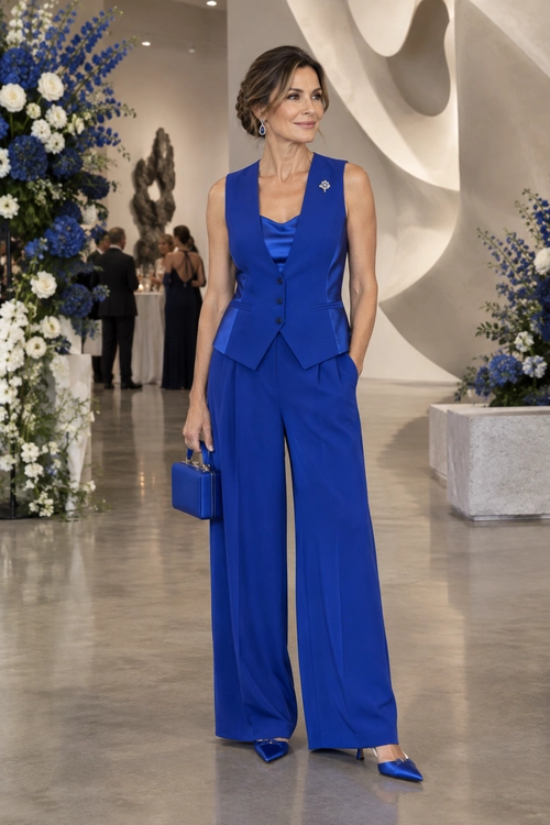 Royal Blue Tailored Trousers Outfit A woman wears a royal blue sleeveless tailored vest with matching wide-leg trousers, pointed heels, and a small handbag.