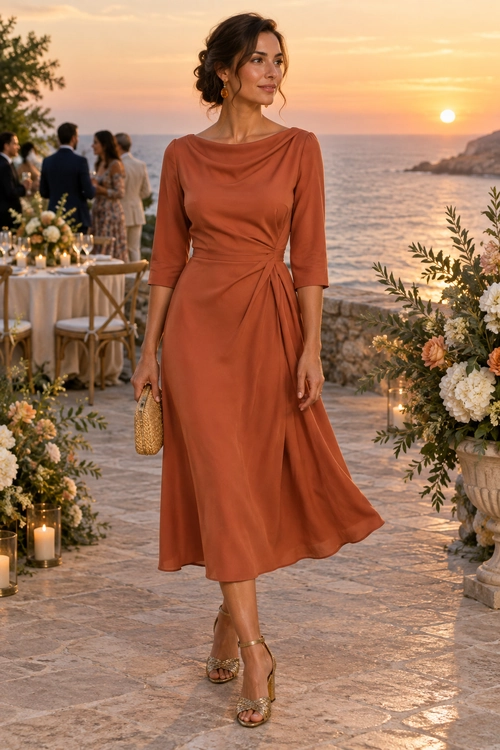 Rust Draped Midi Dress Woman wearing a rust-colored draped midi dress with a tied waist, woven clutch, and strappy heeled sandals at a seaside gathering.