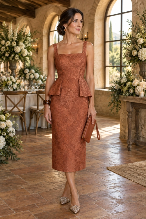 Rust Peplum Midi Dress A woman wears a rust-colored sleeveless jacquard midi dress with a square neckline, peplum waist, embellished pointed pumps, and a brown clutch.