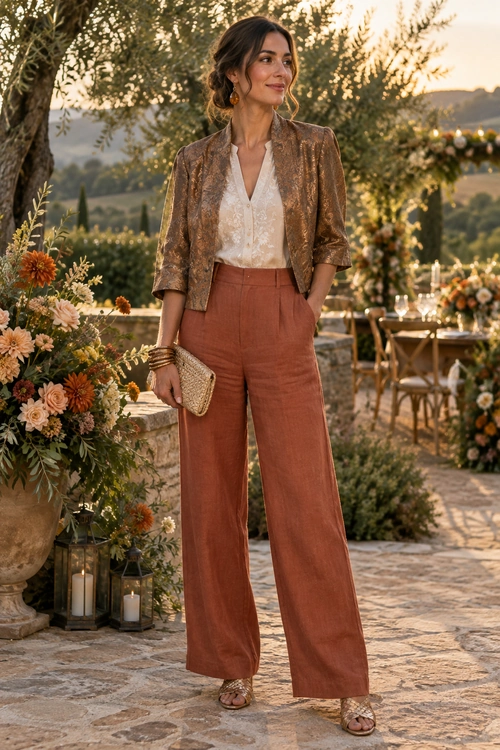 A woman wears rust wide-leg trousers with a white blouse, textured bronze jacket, woven clutch, bracelets, and strappy sandals.