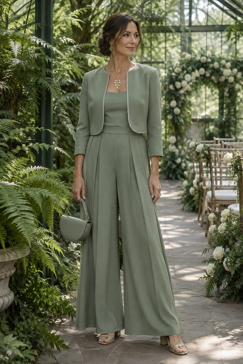 Sage Green Garden Party Outfit A woman wears a sage green cropped jacket with matching wide-leg trousers, a coordinating top, strappy sandals, and a small handbag in a garden setting.