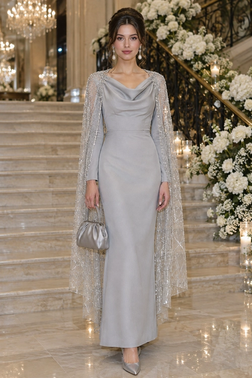 Silver Draped Evening Dress A woman wears a floor-length silver-gray draped dress with a sheer beaded cape, metallic clutch, drop earrings, and pointed heels.